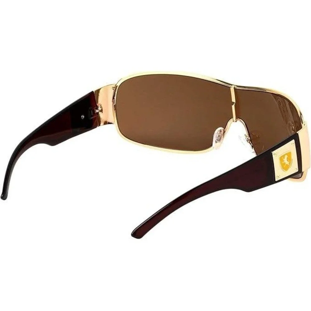 Block Curved One Piece Shield Sunglasses‎ Men's Flat Top Gold Frame Brown Lens